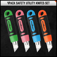 4Pc Box Cutter Snap Off Utility Knife Retractable Grip Handle 10x Spare Blades Kings Warehouse 