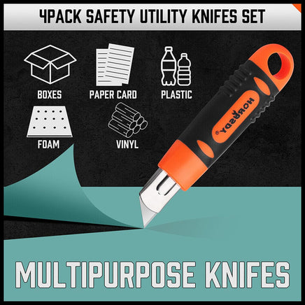 4Pc Box Cutter Snap Off Utility Knife Retractable Grip Handle 10x Spare Blades Kings Warehouse 