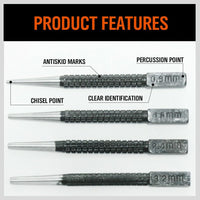 4Pc Nail Punch Set Heavy Duty Solid Steel Hole Punching Leather Gasket 0.8-3.2mm Kings Warehouse 