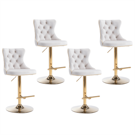 4x Height Adjustable Swivel Bar Stool Velvet Studs Barstool with Footrest and Golden Base- Beige Kings Warehouse 