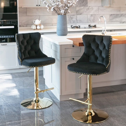 4x Height Adjustable Swivel Bar Stool Velvet Studs Barstool with Footrest and Golden Base- Black Kings Warehouse 