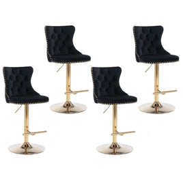 4x Height Adjustable Swivel Bar Stool Velvet Studs Barstool with Footrest and Golden Base- Black Kings Warehouse 