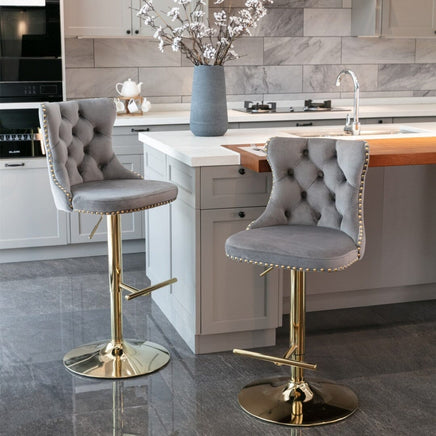4x Height Adjustable Swivel Bar Stool Velvet Studs Barstool with Footrest and Golden Base- Grey Kings Warehouse 
