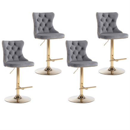 4x Height Adjustable Swivel Bar Stool Velvet Studs Barstool with Footrest and Golden Base- Grey Kings Warehouse 