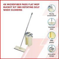4x Microfiber Pads Flat Mop Bucket Kit 360 Rotating Self Wash Cleaning Kings Warehouse 