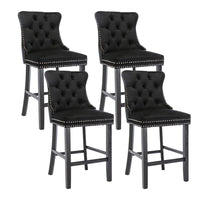 4X Velvet Bar Stools with Studs Trim Wooden Legs Tufted Dining Chairs Kitchen Kings Warehouse 