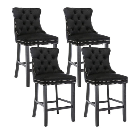 4X Velvet Bar Stools with Studs Trim Wooden Legs Tufted Dining Chairs Kitchen Kings Warehouse 