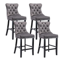 4X Velvet Bar Stools with Studs Trim Wooden Legs Tufted Dining Chairs Kitchen Kings Warehouse 