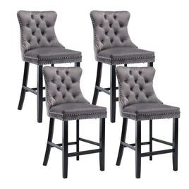 4X Velvet Bar Stools with Studs Trim Wooden Legs Tufted Dining Chairs Kitchen Kings Warehouse 