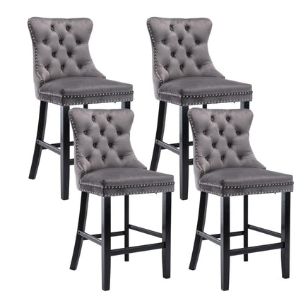 4X Velvet Bar Stools with Studs Trim Wooden Legs Tufted Dining Chairs Kitchen Kings Warehouse 