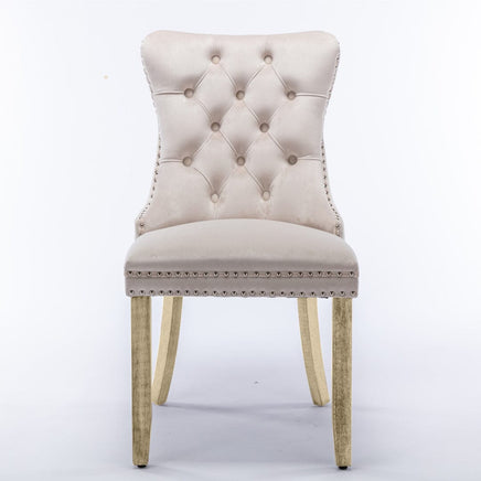 4x Velvet Dining Chairs Upholstered Tufted Kithcen Chair with Solid Wood Legs Stud Trim and Ring-Beige Kings Warehouse 