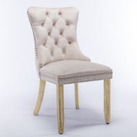4x Velvet Dining Chairs Upholstered Tufted Kithcen Chair with Solid Wood Legs Stud Trim and Ring-Beige Kings Warehouse 