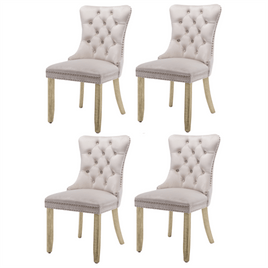4x Velvet Dining Chairs Upholstered Tufted Kithcen Chair with Solid Wood Legs Stud Trim and Ring-Beige Kings Warehouse 