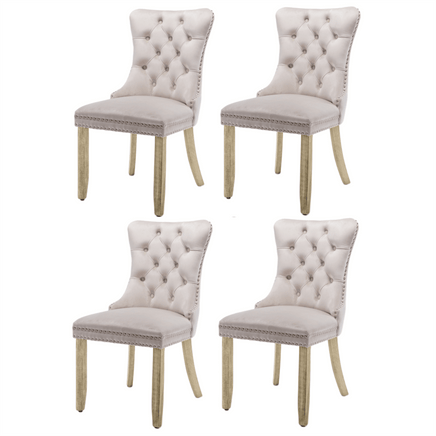 4x Velvet Dining Chairs Upholstered Tufted Kithcen Chair with Solid Wood Legs Stud Trim and Ring-Beige Kings Warehouse 