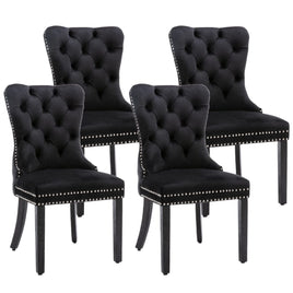 4x Velvet Dining Chairs Upholstered Tufted Kithcen Chair with Solid Wood Legs Stud Trim and Ring-Black Kings Warehouse 