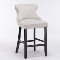 4x Velvet Upholstered Button Tufted Bar Stools with Wood Legs and Studs-Beige Kings Warehouse 