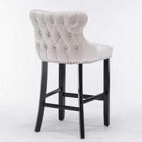 4x Velvet Upholstered Button Tufted Bar Stools with Wood Legs and Studs-Beige Kings Warehouse 