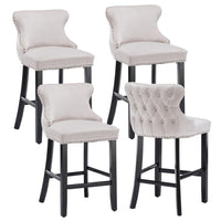 4x Velvet Upholstered Button Tufted Bar Stools with Wood Legs and Studs-Beige Kings Warehouse 