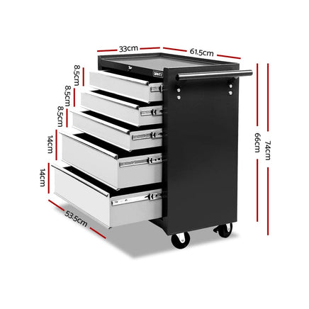 5 Drawer Mechanic Tool Box Cabinet Storage Trolley - Black & Grey KingsWarehouse 