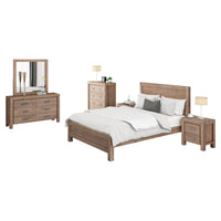 5 Pieces Bedroom Suite in Solid Wood Veneered Acacia Construction Timber Slat Single Size Oak Colour Bed, Bedside Table , Tallboy & Dresser Bedroom Furniture Kings Warehouse 