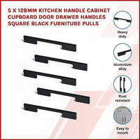 5 x 128mm Kitchen Handle Cabinet Cupboard Door Drawer Handles square Black furniture pulls Kings Warehouse 
