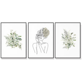 50cmx70cm Botanical Line Girl 3 Sets Black Frame Canvas Wall Art Kings Warehouse 