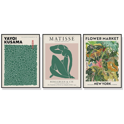 50cmx70cm Flower Market, Matisse Print, Yayoi Kusama 3 Sets Black Frame Canvas Wall Art Kings Warehouse 