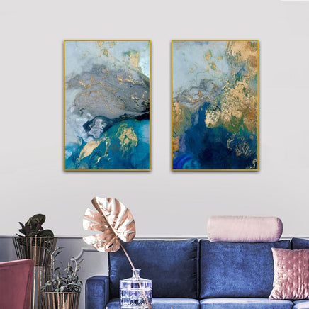 50cmx70cm Marbled Blue And Gold 2 Sets Gold Frame Canvas Wall Art Kings Warehouse 