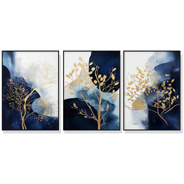 50cmx70cm Navy and Gold Watercolor Shapes 3 Sets Black Frame Canvas Wall Art Kings Warehouse 