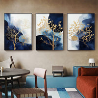 50cmx70cm Navy and Gold Watercolor Shapes 3 Sets Black Frame Canvas Wall Art Kings Warehouse 