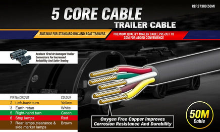 50M x 5 Core Wire Cable Trailer Cable Automotive Boat Caravan Truck Coil V90 PVC Kings Warehouse 