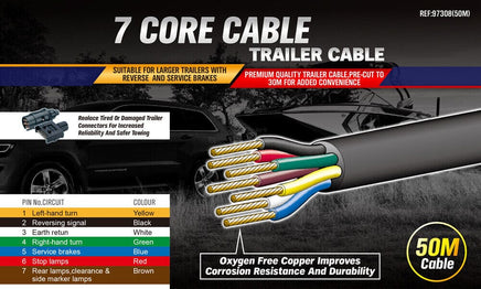 50M X 7 Core Wire Cable Trailer Cable Automotive Boat Caravan Truck Coil V90 PVC Kings Warehouse 