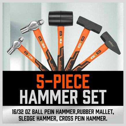 5Pc Hammer Set Rubber / Ball Pein / Sledge / Cross Pein Mallet TPR Grip Handle Kings Warehouse 