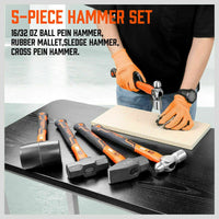 5Pc Hammer Set Rubber / Ball Pein / Sledge / Cross Pein Mallet TPR Grip Handle Kings Warehouse 