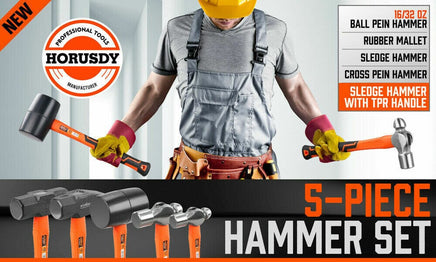 5Pc Hammer Set Rubber / Ball Pein / Sledge / Cross Pein Mallet TPR Grip Handle Kings Warehouse 