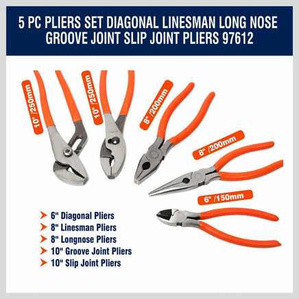 5Pc Pliers Set Diagonal Linesman Long Nose Groove Joint Slip Joint Pliers Kings Warehouse 