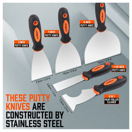 5Pc Stainless Steel Putty Knife Set Joint Knife Wall Scraper Paint Clean Blade Kings Warehouse 