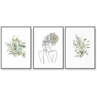 60cmx90cm Botanical Line Girl 3 Sets Black Frame Canvas Wall Art Kings Warehouse 