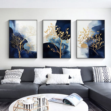 60cmx90cm Navy and Gold Watercolor Shapes 3 Sets Black Frame Canvas Wall Art Kings Warehouse 