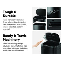 68L Motion Sensor Bin Automatic Stainless Steel Kitchen Rubbish Trash - Black Kings Warehouse 