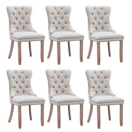 6x AADEN Modern Elegant Button-Tufted Upholstered Fabric with Studs Trim and Wooden legs Dining Side Chair-Beige Kings Warehouse 