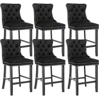 6X Velvet Bar Stools with Studs Trim Wooden Legs Tufted Dining Chairs Kitchen Kings Warehouse 