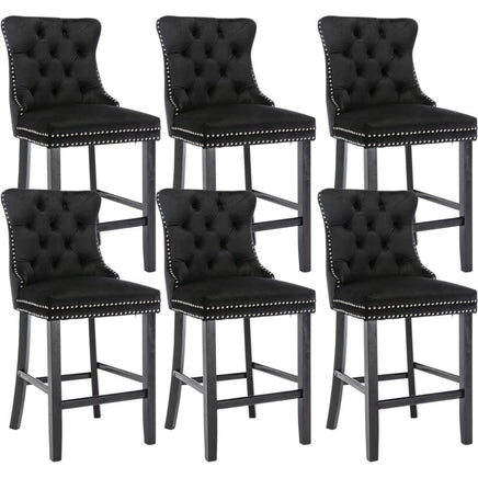 6X Velvet Bar Stools with Studs Trim Wooden Legs Tufted Dining Chairs Kitchen Kings Warehouse 