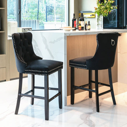 6X Velvet Bar Stools with Studs Trim Wooden Legs Tufted Dining Chairs Kitchen Kings Warehouse 