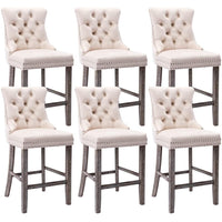 6X Velvet Bar Stools with Studs Trim Wooden Legs Tufted Dining Chairs Kitchen Kings Warehouse 