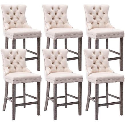 6X Velvet Bar Stools with Studs Trim Wooden Legs Tufted Dining Chairs Kitchen Kings Warehouse 