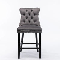 6X Velvet Bar Stools with Studs Trim Wooden Legs Tufted Dining Chairs Kitchen Kings Warehouse 