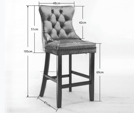 6X Velvet Bar Stools with Studs Trim Wooden Legs Tufted Dining Chairs Kitchen Kings Warehouse 