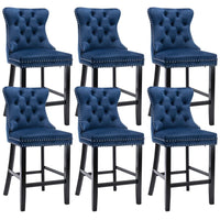 6X Velvet Bar Stools with Studs Trim Wooden Legs Tufted Dining Chairs Kitchen Kings Warehouse 