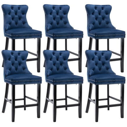 6X Velvet Bar Stools with Studs Trim Wooden Legs Tufted Dining Chairs Kitchen Kings Warehouse 